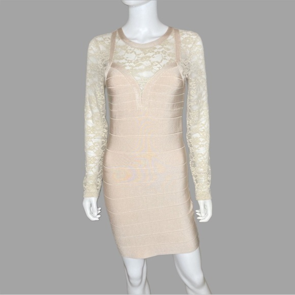 Bebe Nude Bandage Body Con Lace Long Sleeve Mini Dress‎